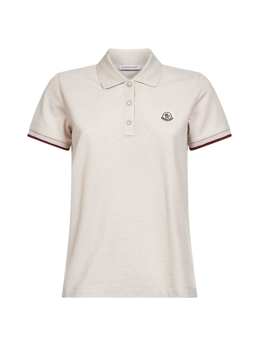 Beige cotton pique logo patch polo shirt