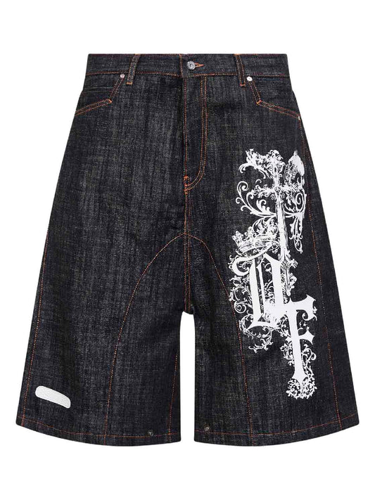 Dark blue printed cotton denim biker shorts