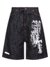 Shorts biker in denim di cotone stampato blu scuro