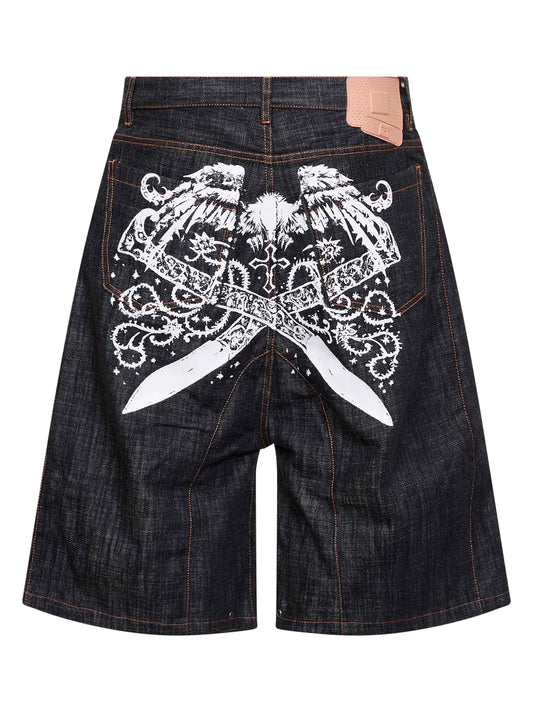 Dark blue printed cotton denim biker shorts