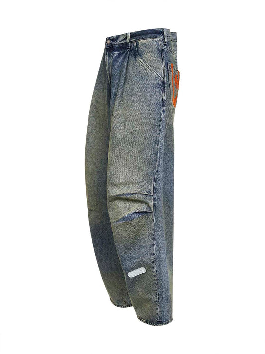 Blue dirty-effect cotton denim Fat Angelo jeans