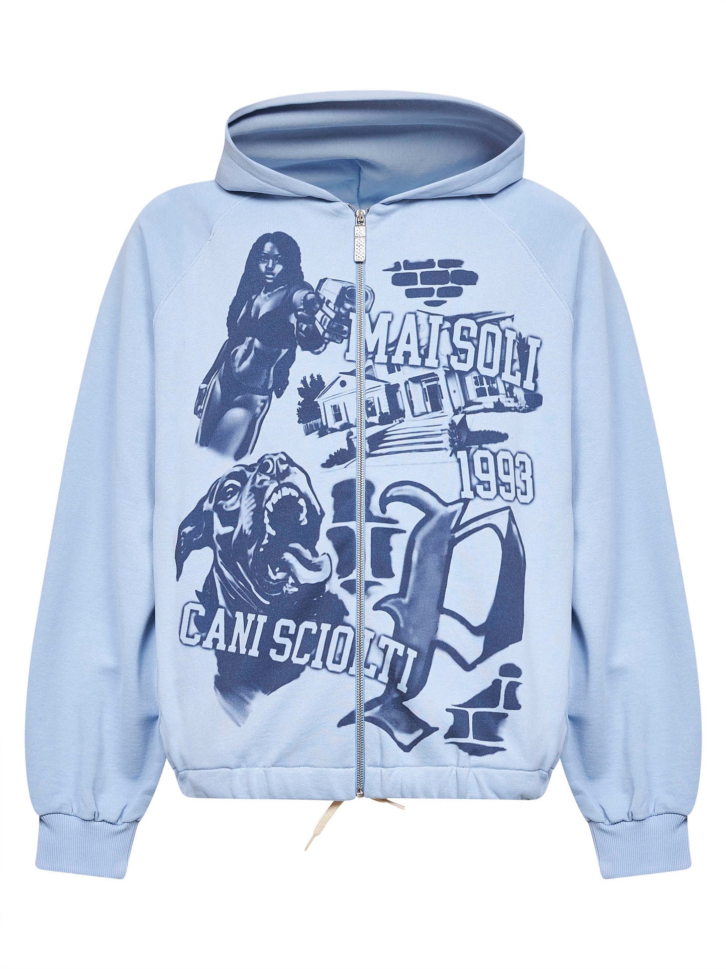 Felpa con zip e cappuccio A in cotone stampato azzurro