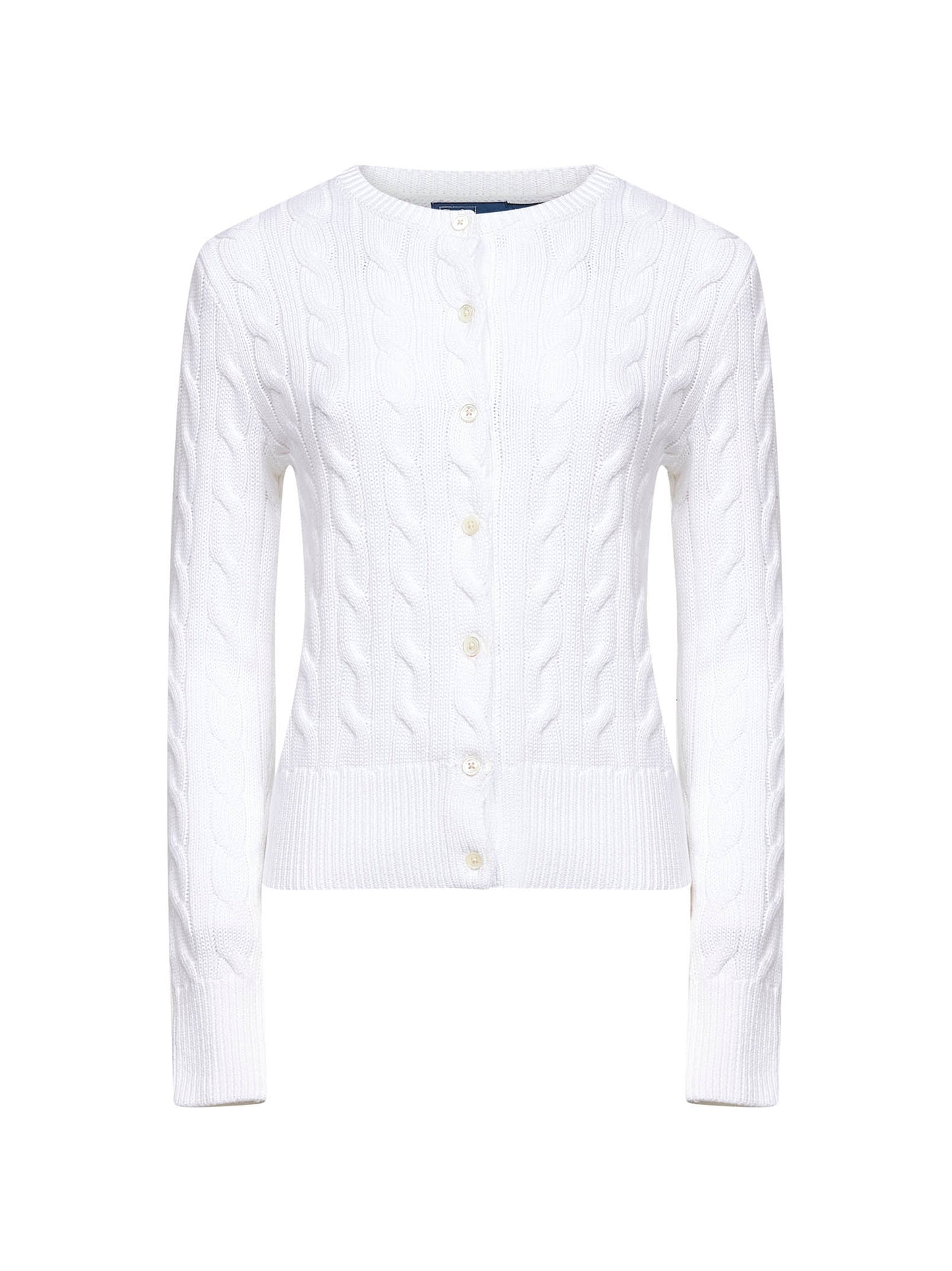 White cable-knit cotton crewneck cardigan