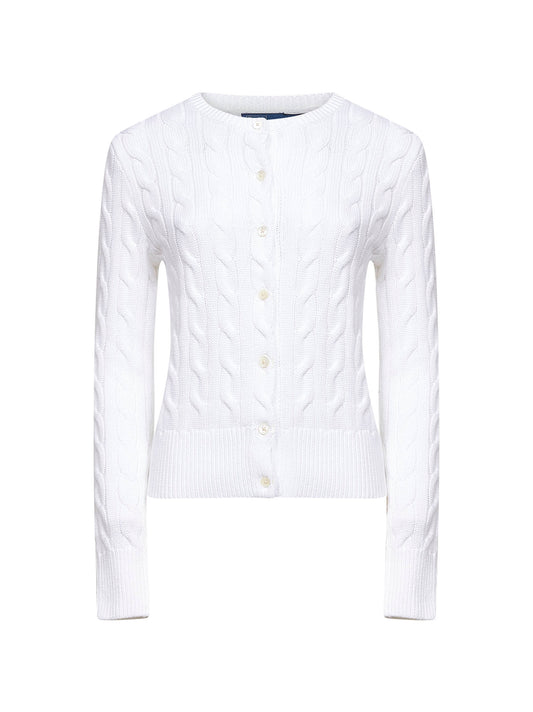 White cable-knit cotton crewneck cardigan