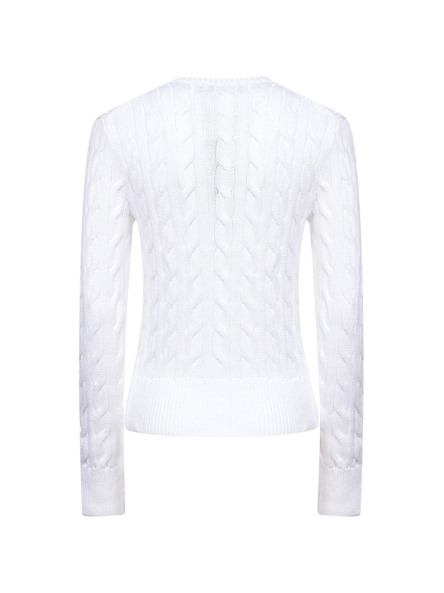 White cable-knit cotton crewneck cardigan
