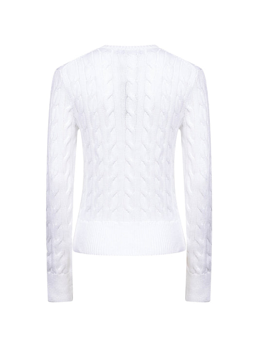 White cable-knit cotton crewneck cardigan
