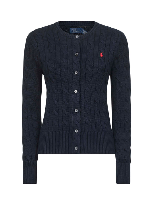 Blue cable-knit cotton crewneck cardigan