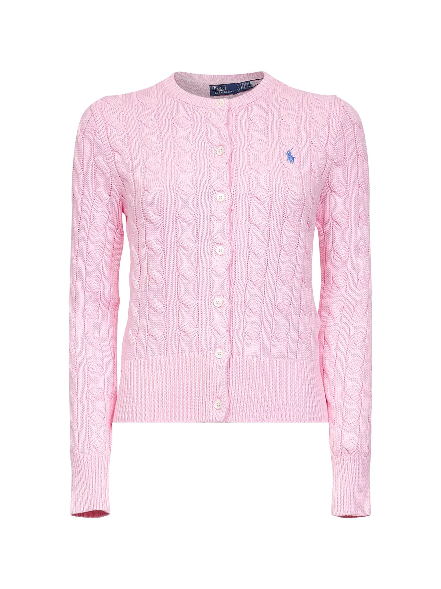 Pink cable-knit cotton crewneck cardigan