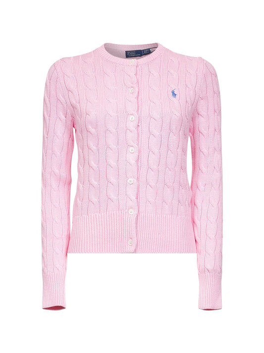 Pink cable-knit cotton crewneck cardigan