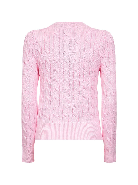 Pink cable-knit cotton crewneck cardigan