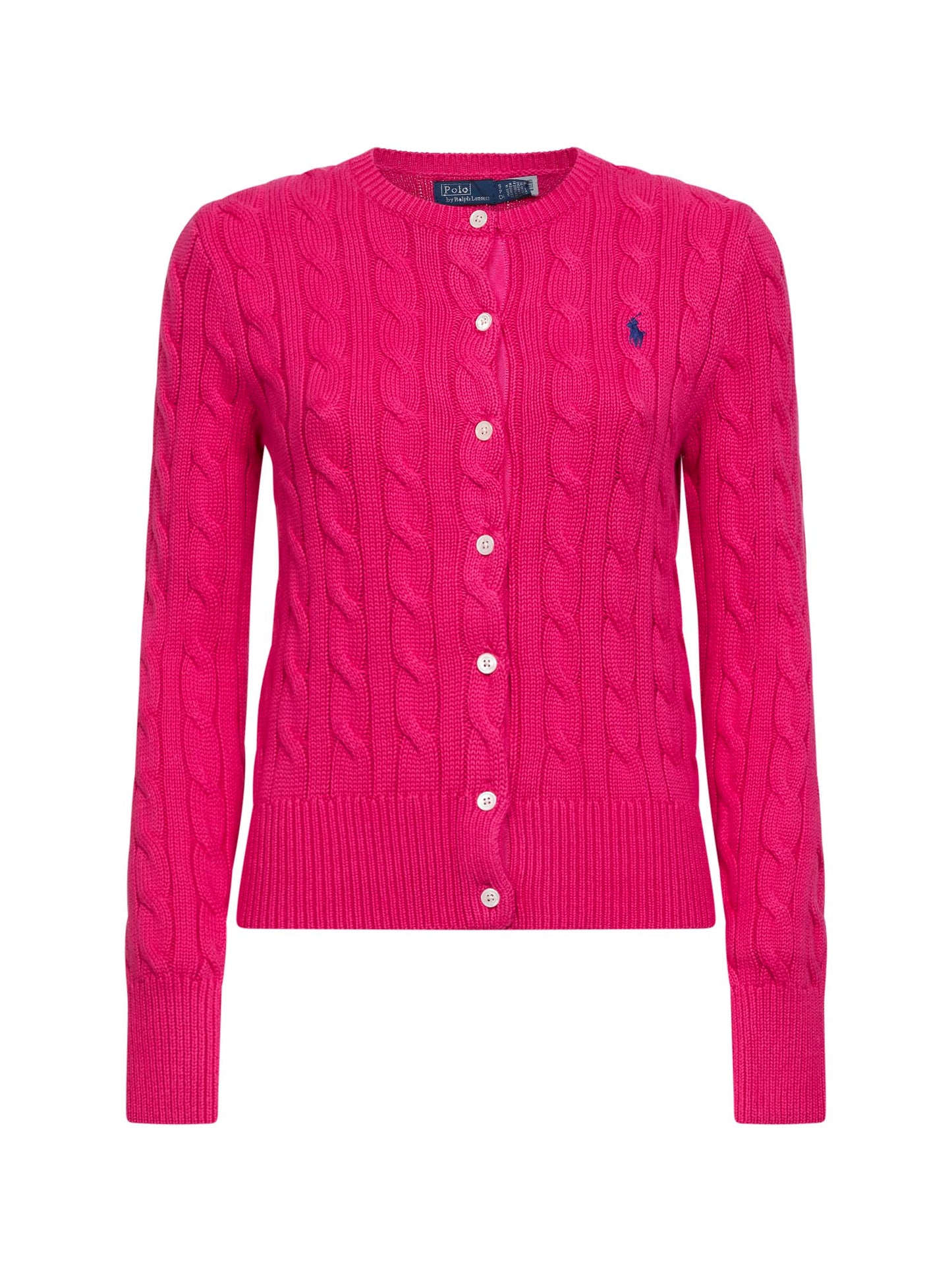 Accent pink cable-knit cotton crewneck cardigan