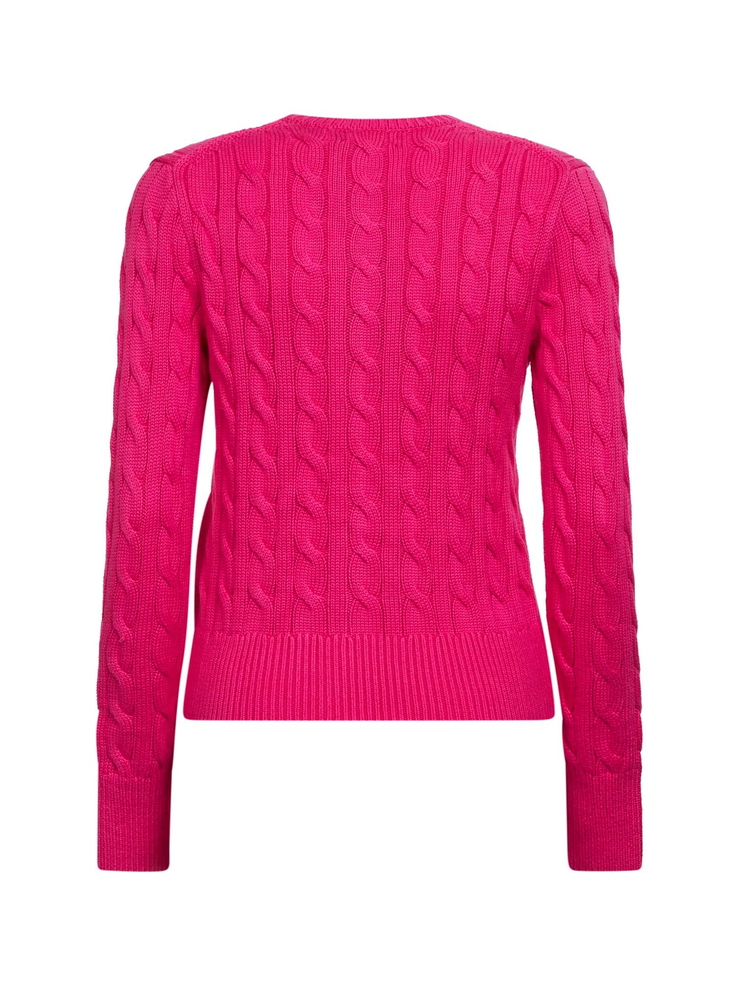 Accent pink cable-knit cotton crewneck cardigan