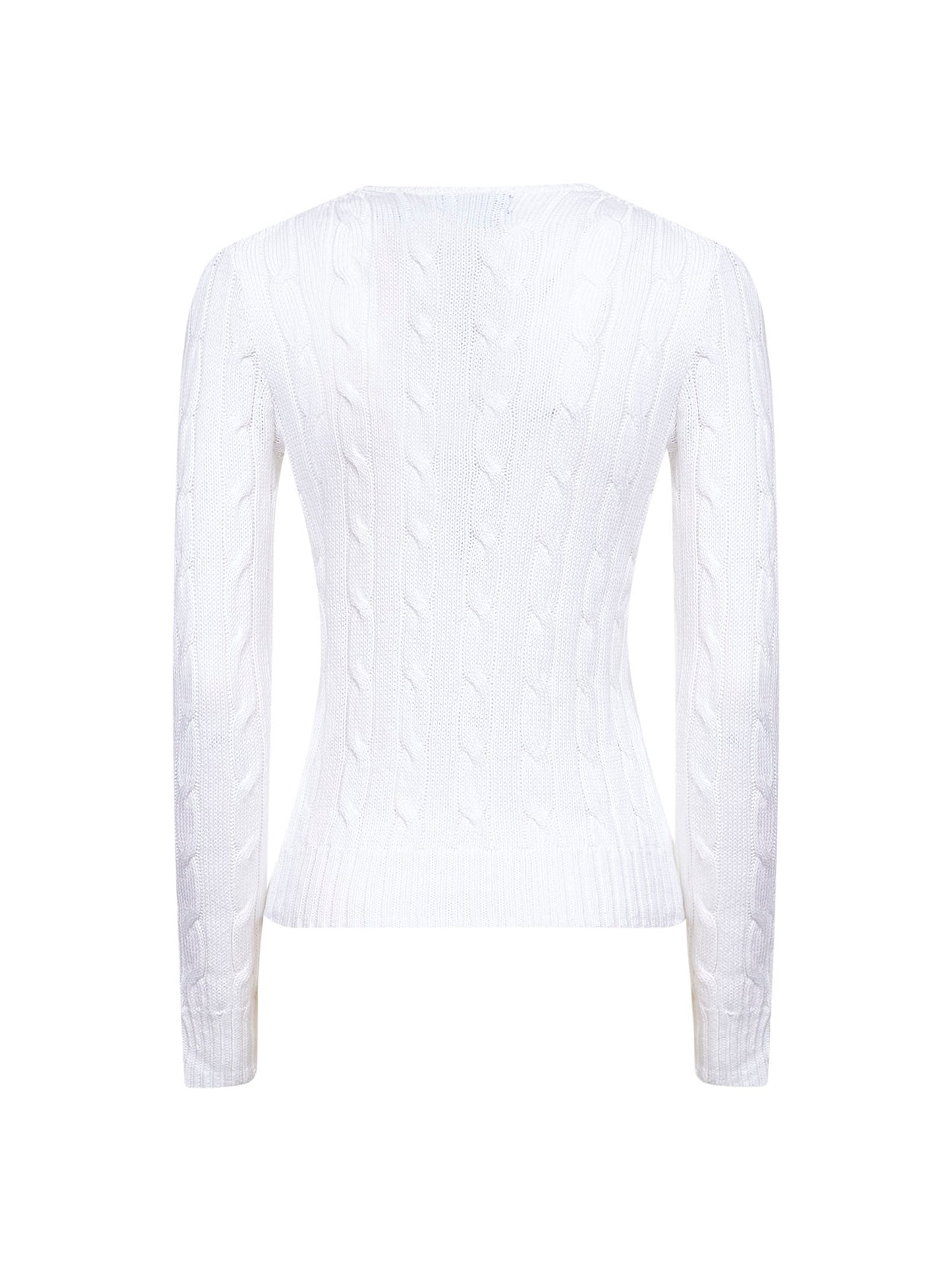 White cable-knit cotton crewneck sweater<BR/>