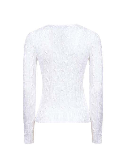 White cable-knit cotton crewneck sweater<BR/>