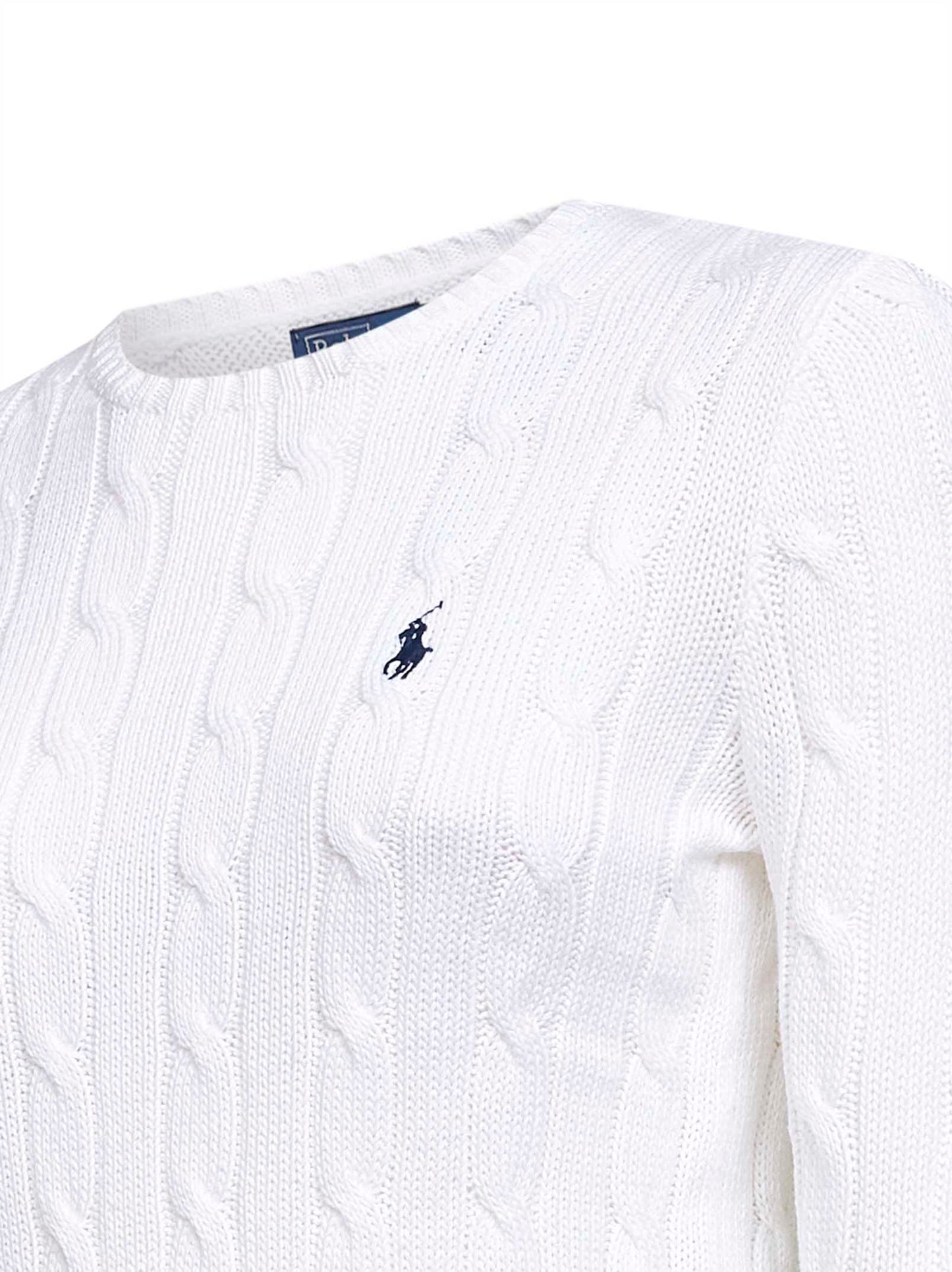 White cable-knit cotton crewneck sweater<BR/>