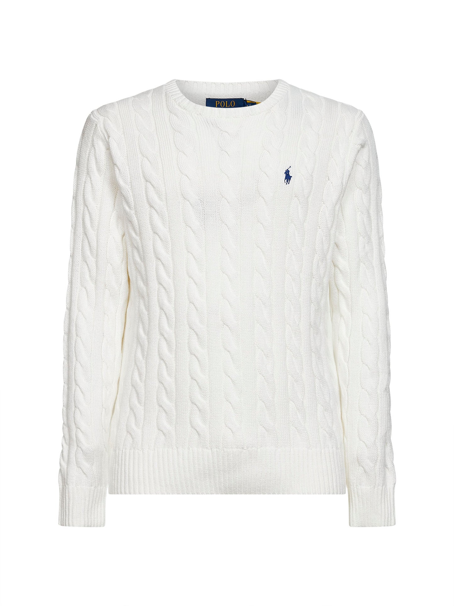 White cable knit cotton crewneck sweater