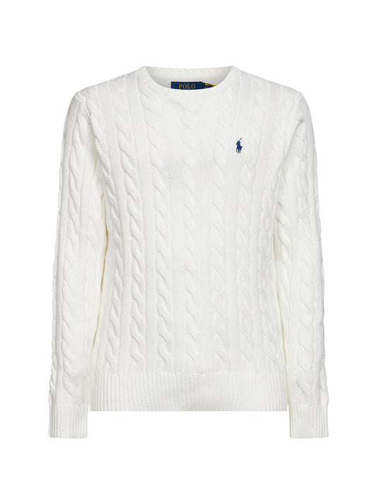 Maglia girocollo in cotone a trecce bianco