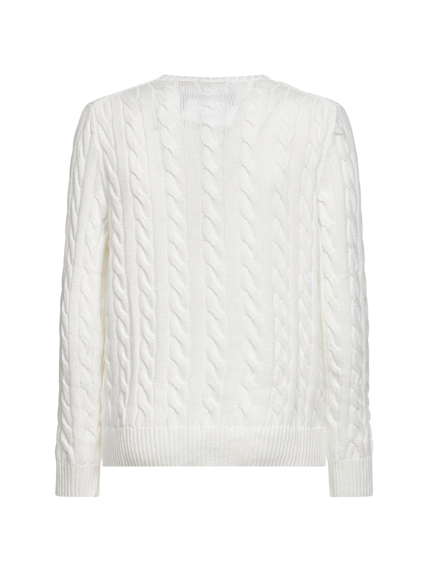 White cable knit cotton crewneck sweater