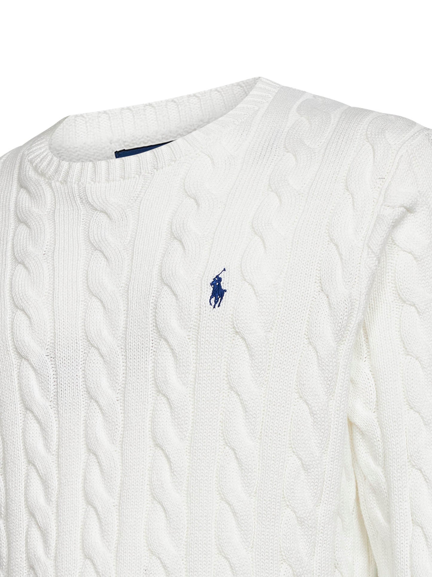 White cable knit cotton crewneck sweater