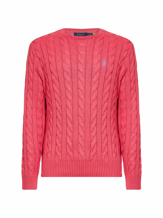 Pale red cable knit cotton crewneck sweater