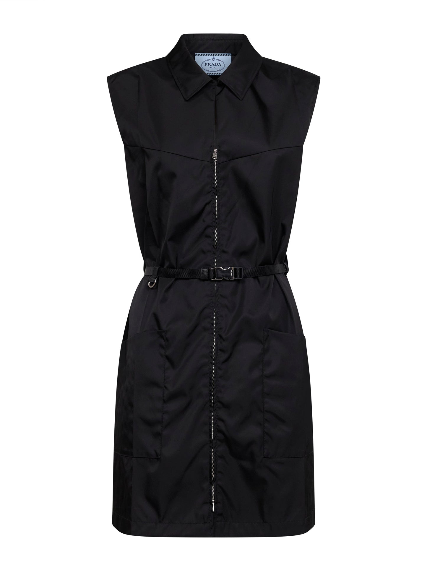 Black Re-Nylon belted short dress