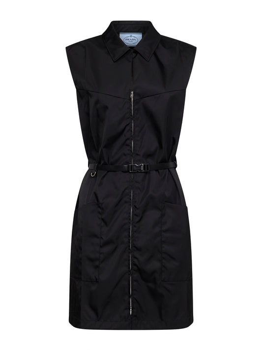 Black Re-Nylon belted short dress