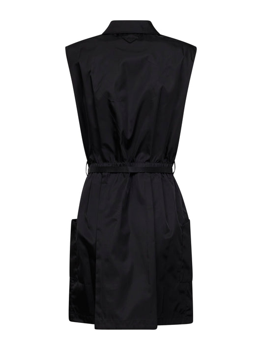 Black Re-Nylon belted short dress