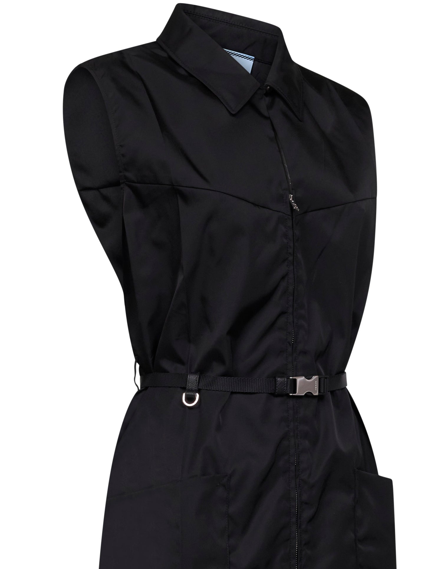 Black Re-Nylon belted short dress