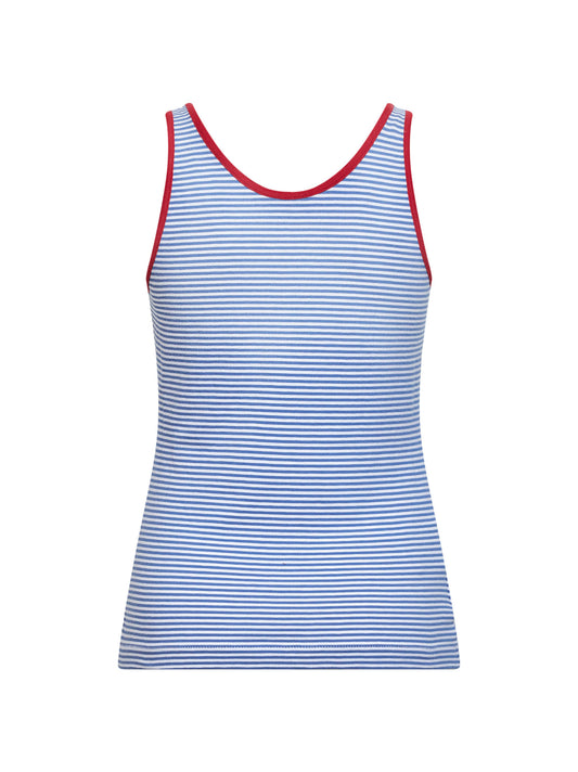 Periwinkle blue and red striped cotton sleeveless top