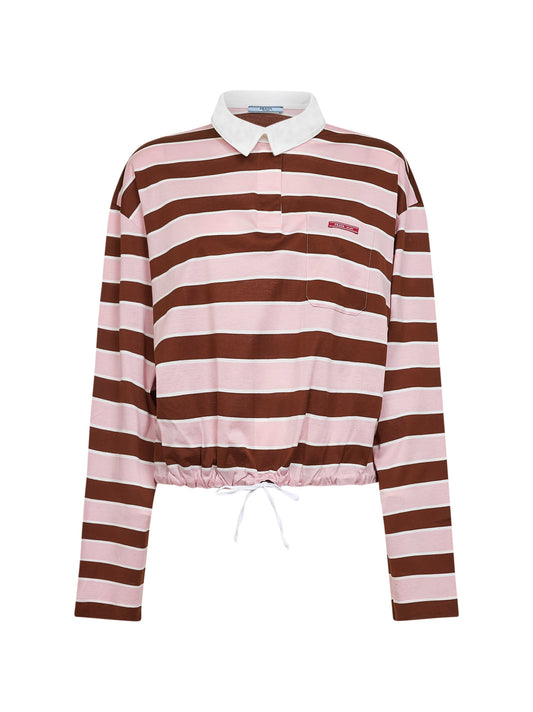 Alabaster and tobacco striped cotton cropped polo shirt