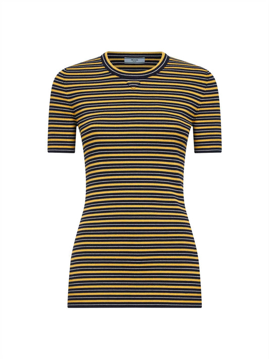 Navy and yellow striped ribbed stretch cotton knit sweater