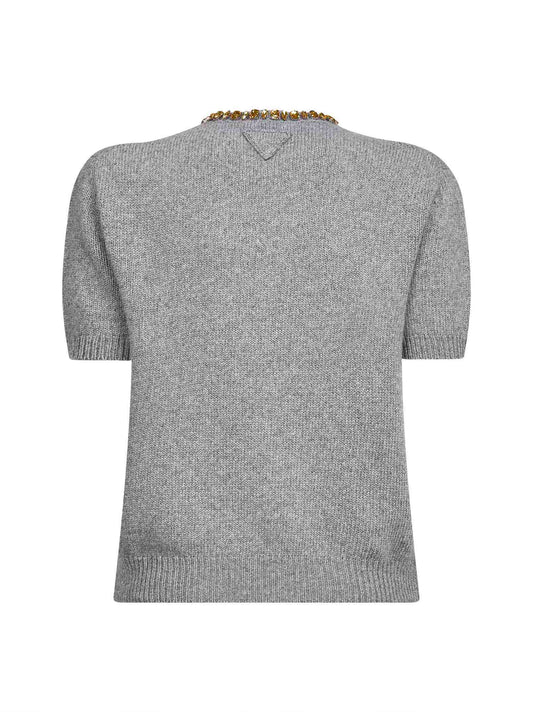 Grey wool and cashmere crystal embellished sweater
