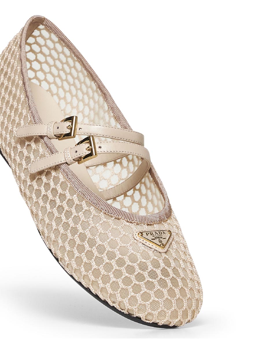 Beige mesh fabric ballerinas