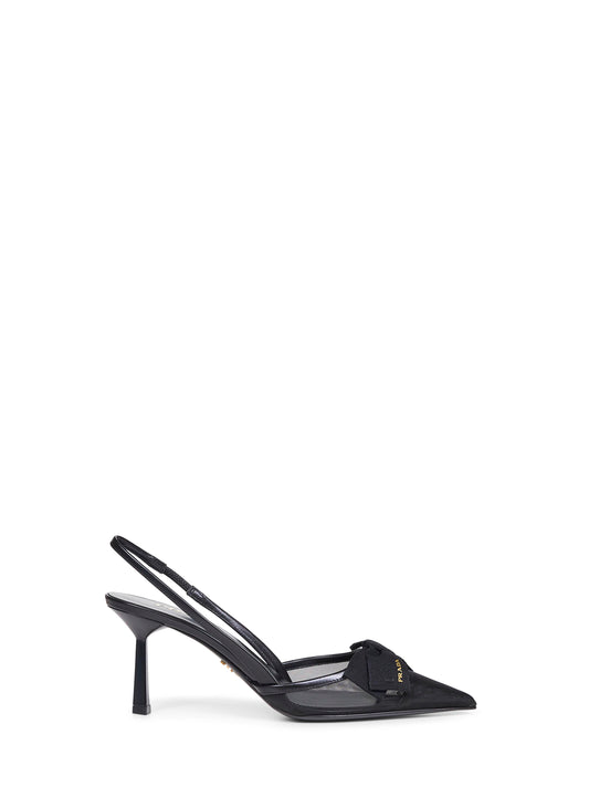 Black mesh slingback pumps