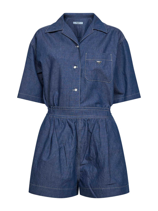 Tuta staccabile in denim di cotone e lino azzurro