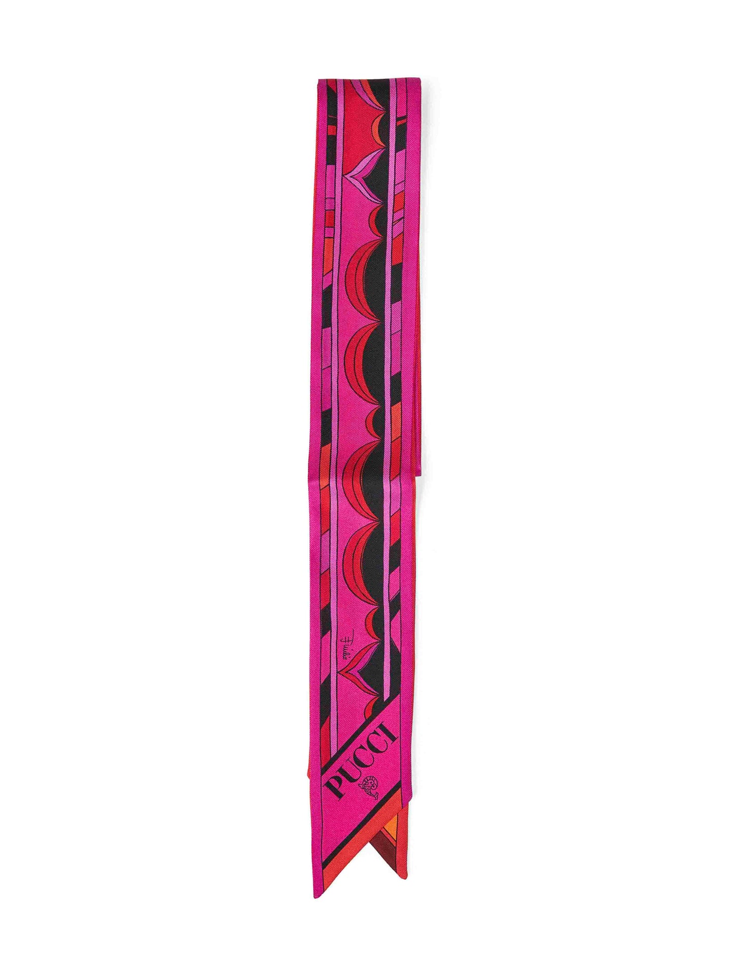 Bandeau in twill di seta fucsia e arancione con mix di stampe