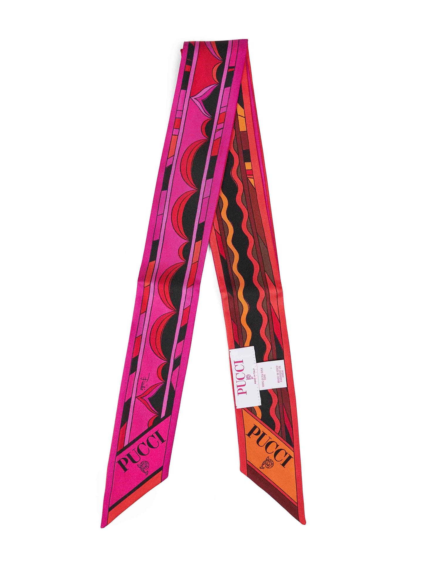 Bandeau in twill di seta fucsia e arancione con mix di stampe