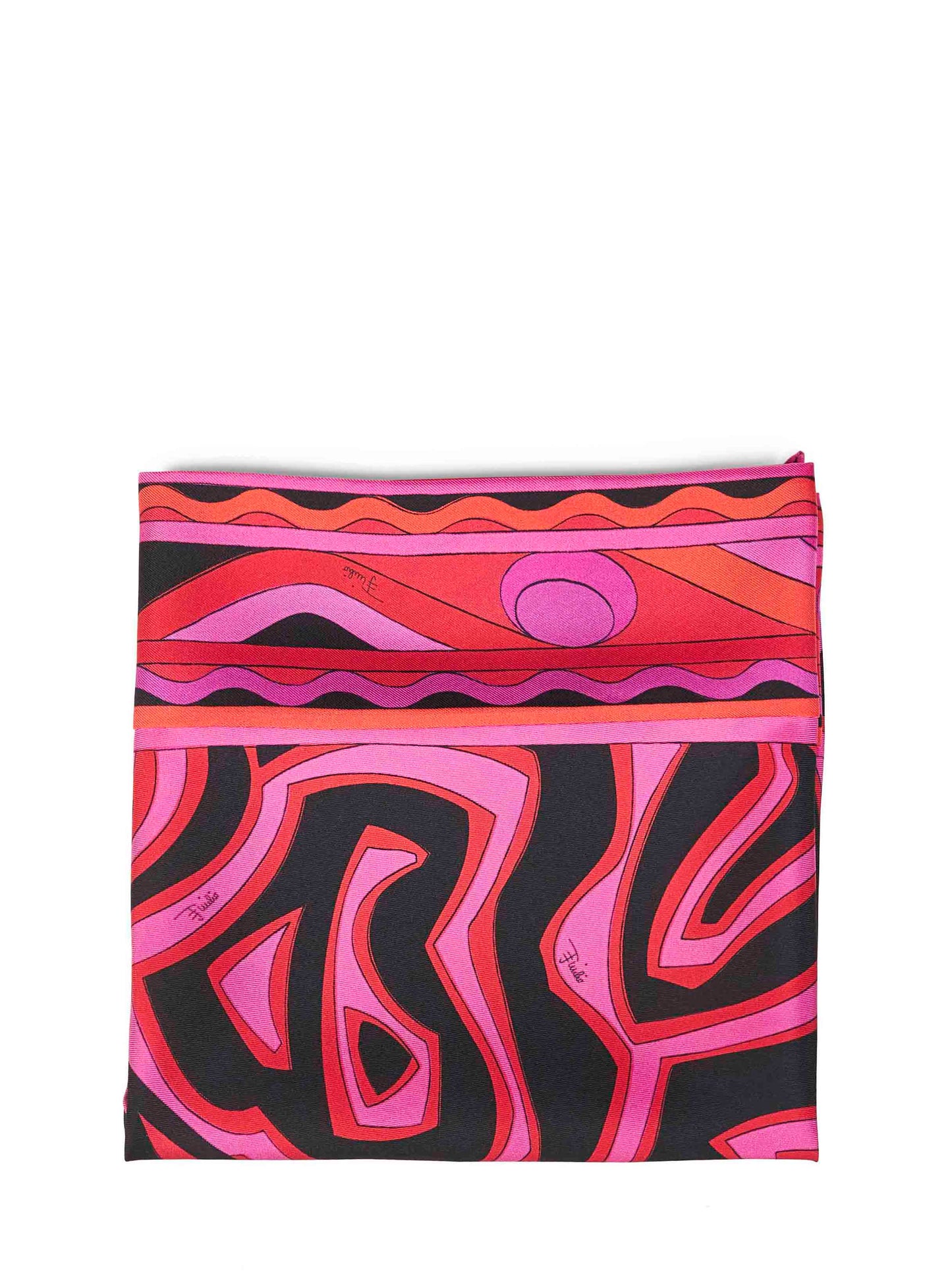 Foulard a triangolo in twill di seta stampa Labirinto fucsia e nero