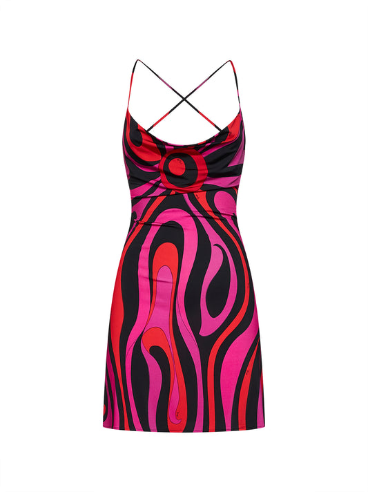 Fuchsia and black Marmo-print jersey satin mini dress