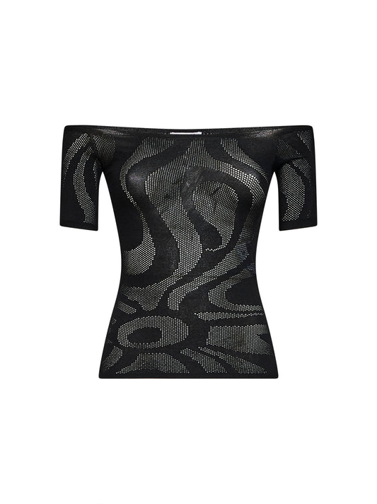 Top in jacquard a rete Marmo nero