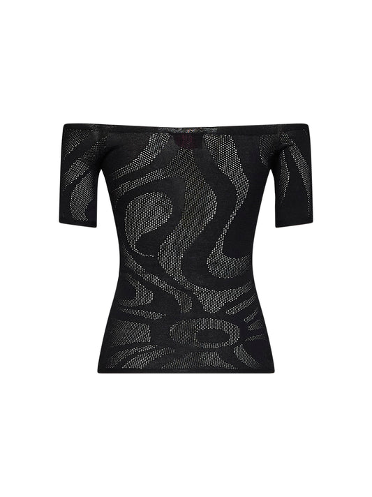 Top in jacquard a rete Marmo nero