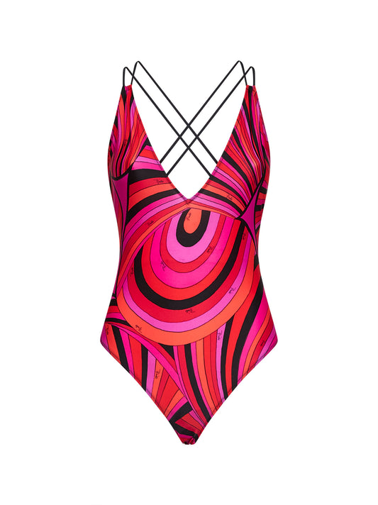 Costume intero in lycra stampa Iride fucsia e nero