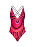 Costume intero in lycra stampa Iride fucsia e nero