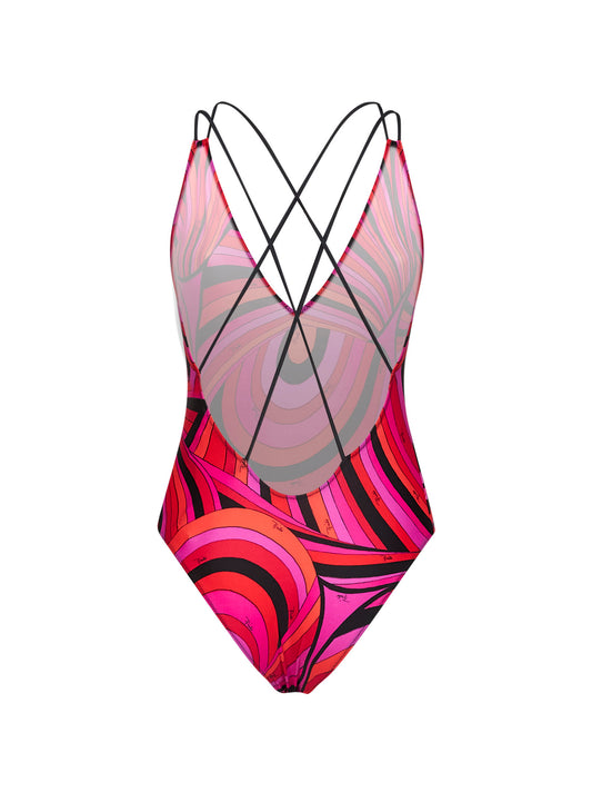 Costume intero in lycra stampa Iride fucsia e nero