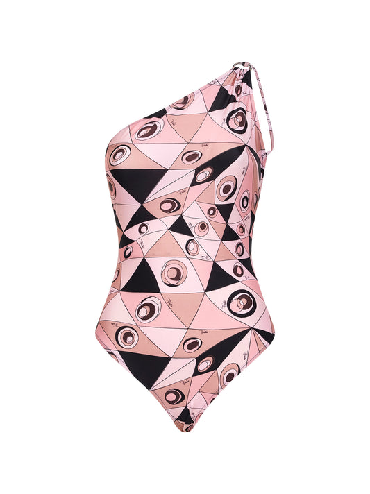 Nude Occhi-print stretch lycra one-shoulder swimsuit