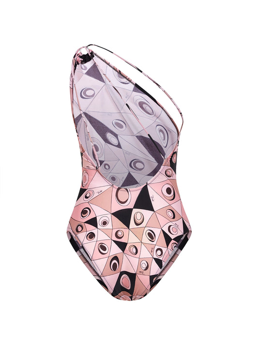 Nude Occhi-print stretch lycra one-shoulder swimsuit