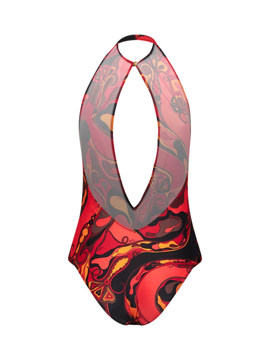 Costume intero in lycra stampa Orchidee arancione e nero