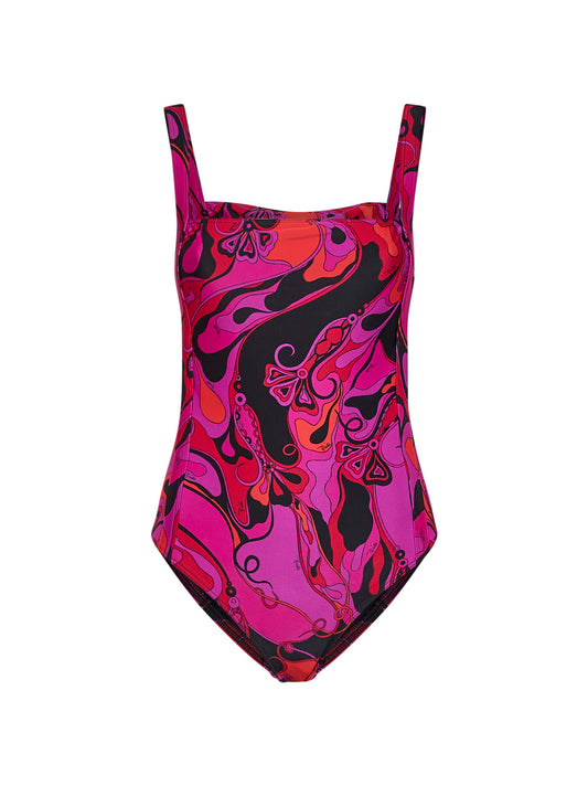 Costume intero in lycra stampa Orchidee fucsia e nero