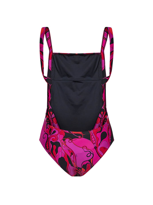 Costume intero in lycra stampa Orchidee fucsia e nero