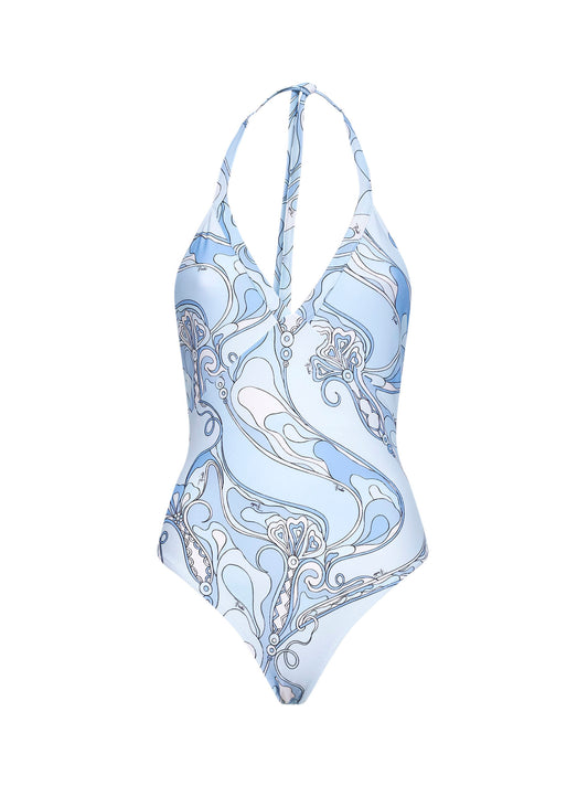 Pale blue Orchidee-print stretch lyca one-piece swimsuit